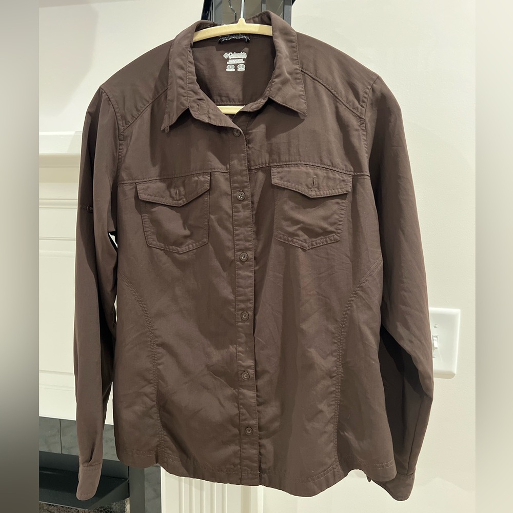 Columbia Womens L Buttons Up Long Sleeve Collared Shirt Brown